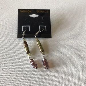 Earrings, green stone; purple glass